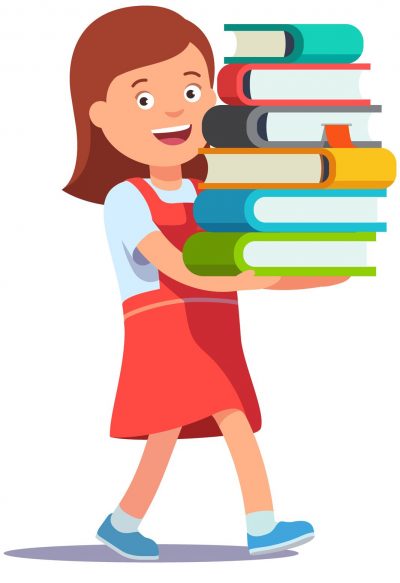 Cute school girl carrying big pile of books